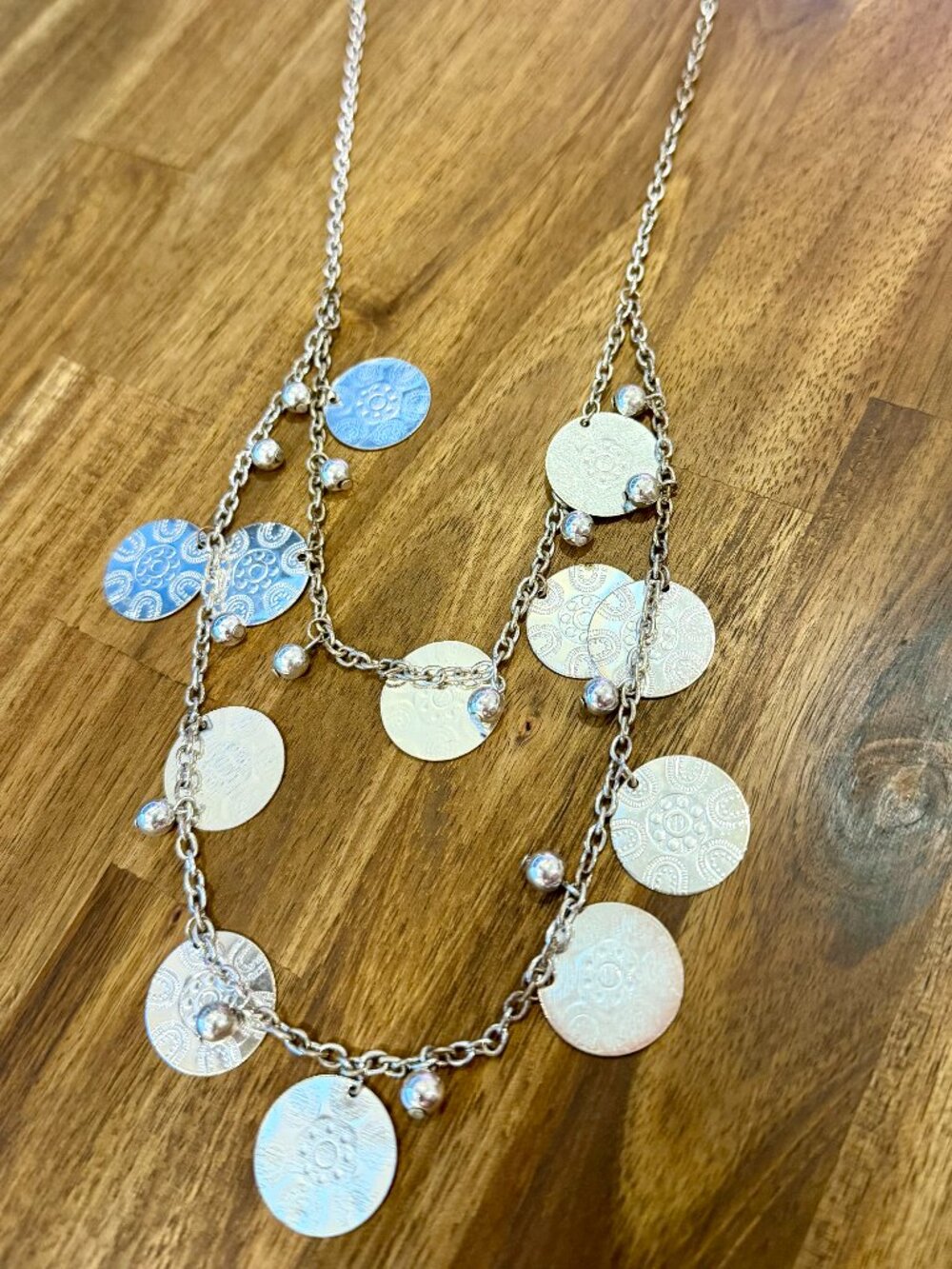Silver Tone Layered Disc Statement Necklace Artisan Boho